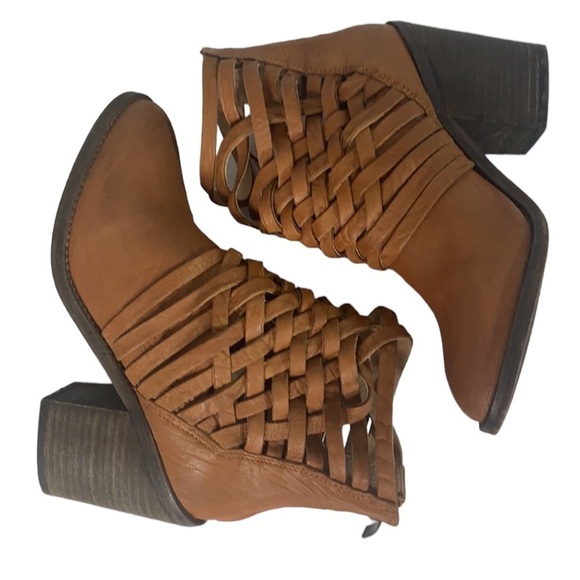 - Free People Brown Distressed Leather Carrera Criss-Cross Stacked Heel Bootie - Picture 5 of 10